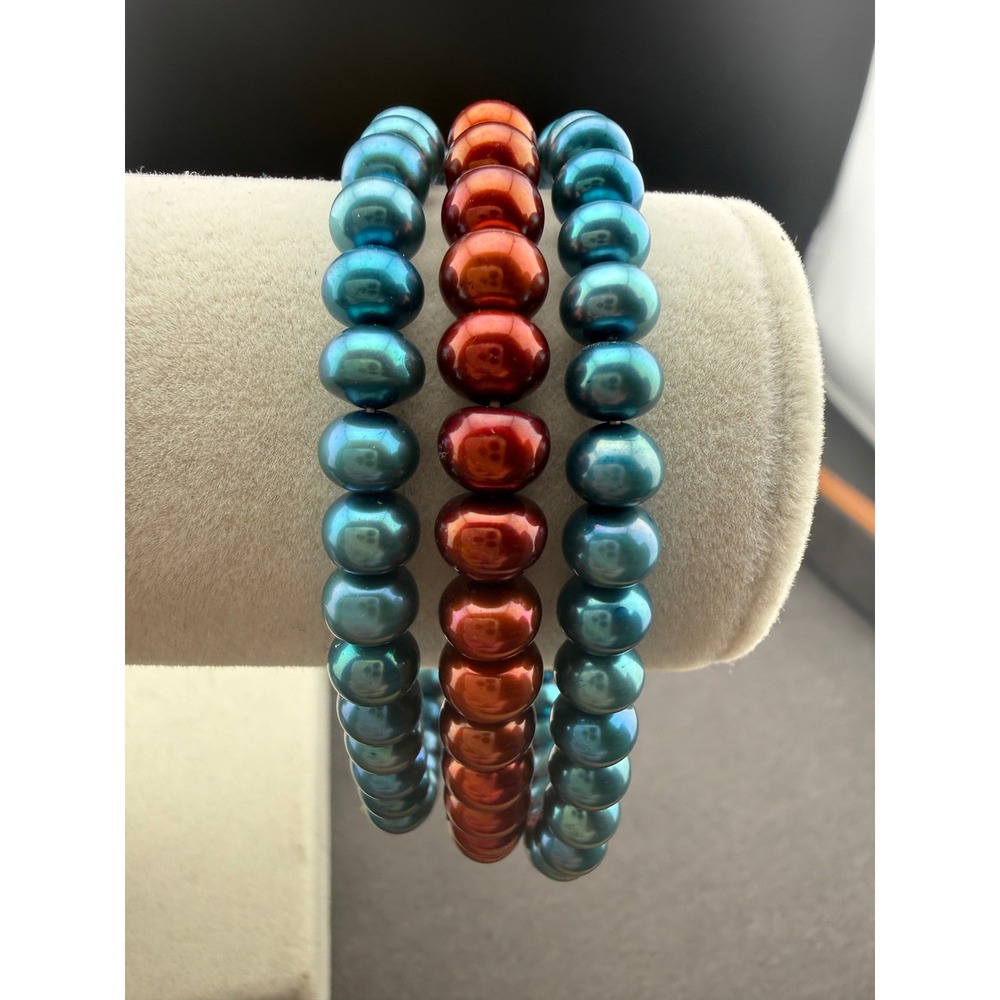Genuine Pearl Stretch Bracelet Trio Blue Red Statement Boho